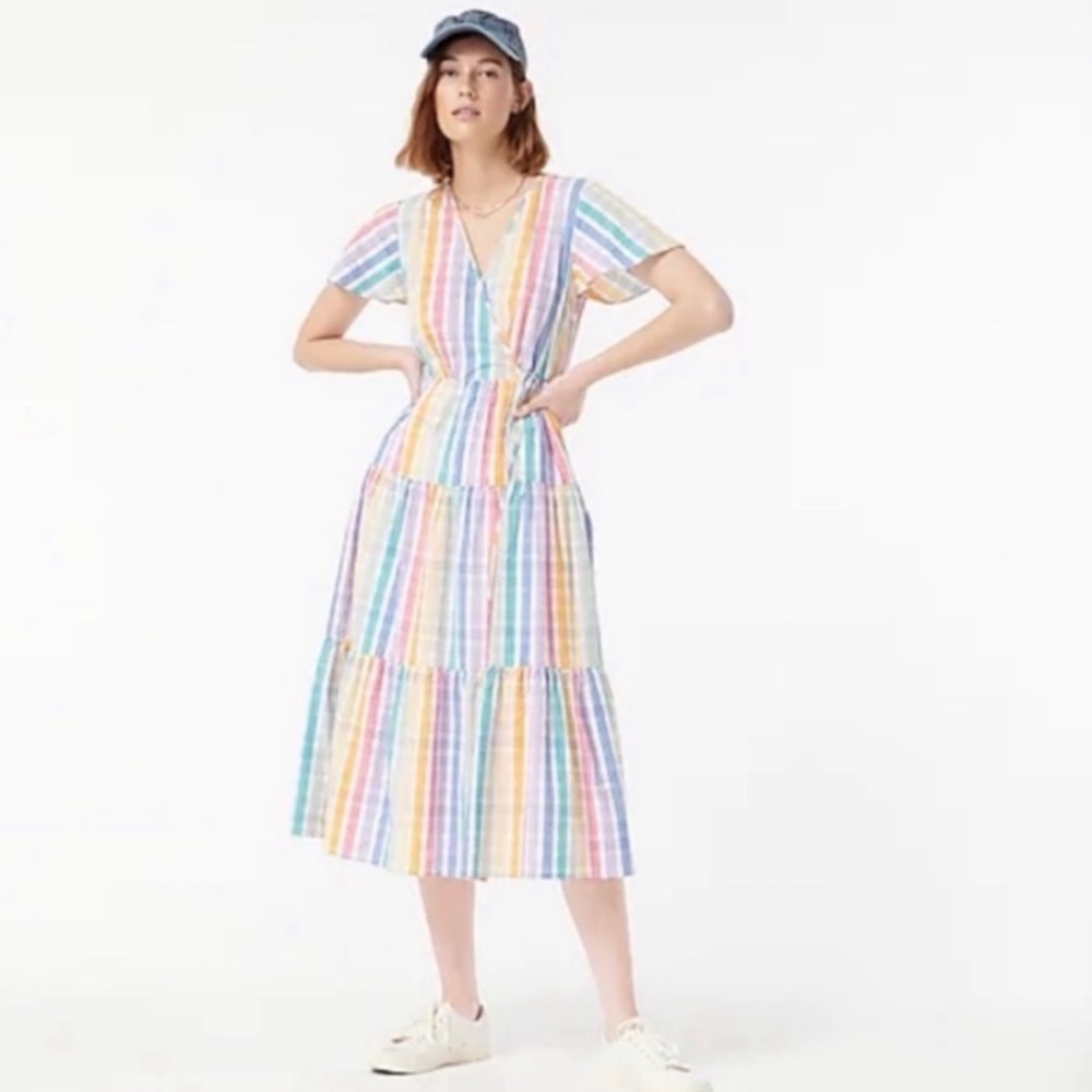 J. Crew Multicolor Pastel Faux Wrap Rainbow Gingham Midi Dress 0